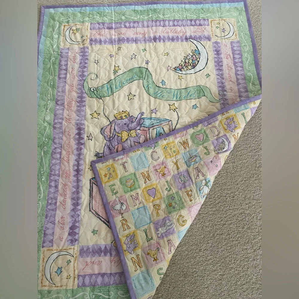 Pastel Baby Quilt Crib Blanket ABC Blocks Animals Lace Trim Reversible